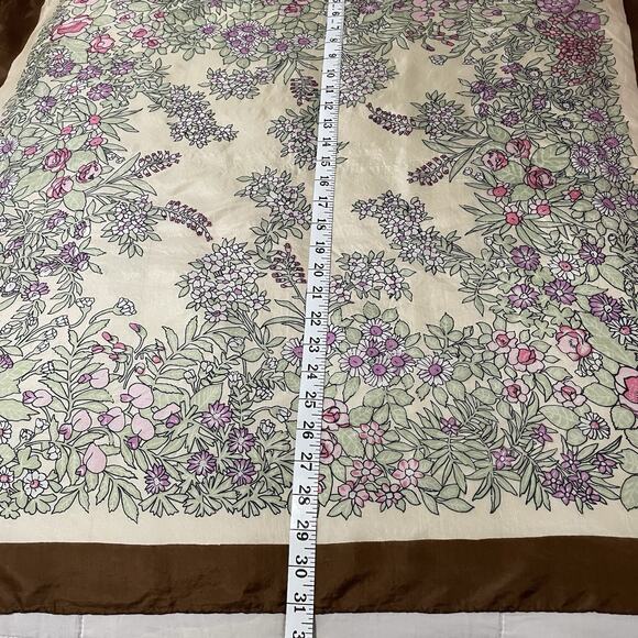Vintage Floral Silk Scarf 32x32 Hand Rolled Brown Green Pink Boho Cottagecore - Picture 5 of 7